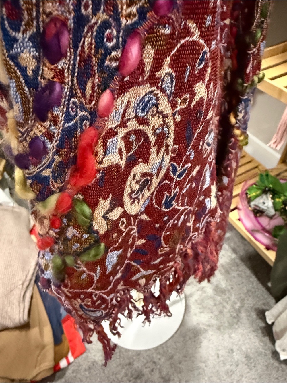 Raj Burgundy Floral Fringe Maxi Cardigan with Multicolor Accents - Picture 7 of 7